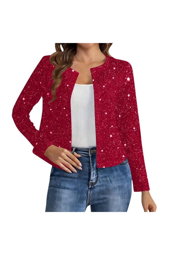 Cropped Sequin Cardigans for Women Long Sleeved Open Front Elegant Glitter Party Jackets Ladies Sparkle Short Blazer Red M