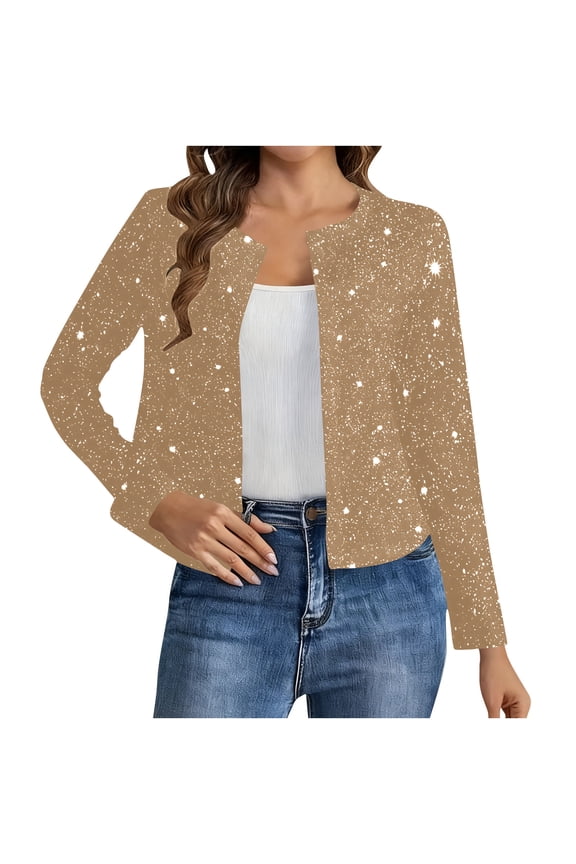 Cropped Sequin Cardigans for Women Long Sleeved Open Front Elegant Glitter Party Jackets Ladies Sparkle Short Blazer Yellow M