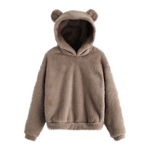 JGGSPWM Cute Ears Fleece Sweatshirts for Women Sherpa Long Sleeve Pullover Fall Fashion 2022 Sweaters Warm Chunky Coat Khaki XXXXL