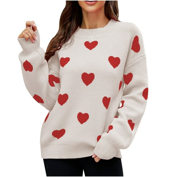 JGGSPWM Cute Heart Print Sweaters for Womens Valentines Day Tops Casual Fall Winter Jumper Lovely Graphic Sweater Crewneck Long Sleeve Pullover Beige M