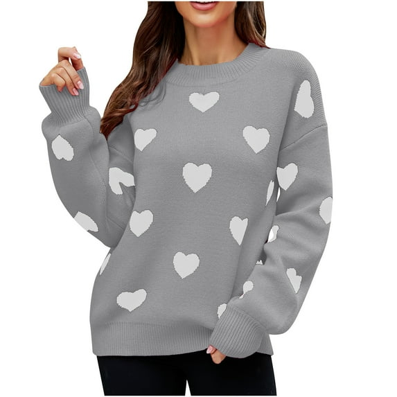 JGGSPWM Cute Heart Print Sweaters for Womens Valentines Day Tops Casual Fall Winter Jumper Lovely Graphic Sweater Crewneck Long Sleeve Pullover Gray L