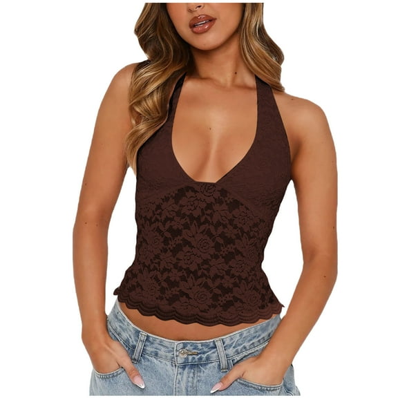 JGGSPWM Deep V Neck Lace Tank Tops for Women Dressy Casual Sleeveless Vest Loose Fit Blouse Coffee S