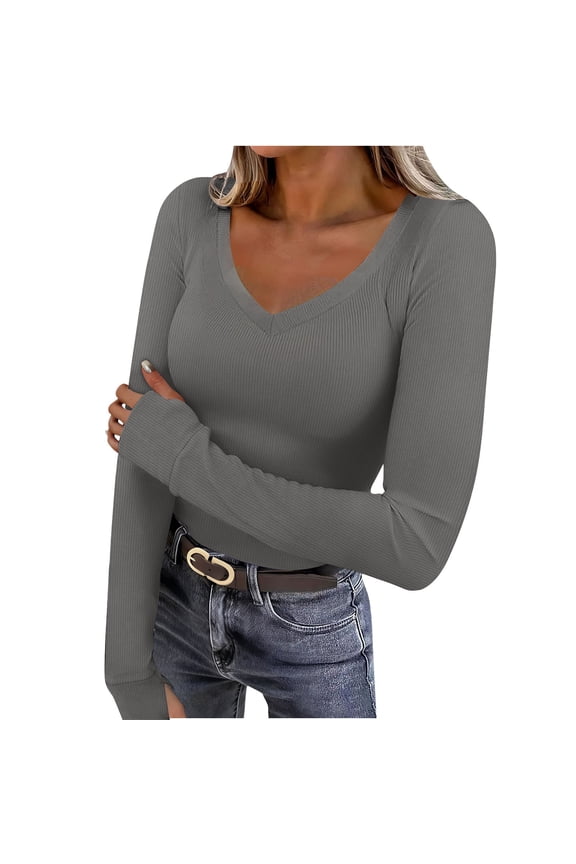 Deep V Neck Long Sleeve Shirts for Women Ribbed Knit Going Out Tops Fitted Casual Basic Tee Fashion Spring Fall Clothes Gray L