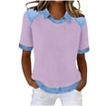 thumbnail image 1 of JGGSPWM Denim Patchwork Shirt Women Denim Trim Collared Knit Top Fashion Casual Round Neck Short Sleeve Collared Layered Shirts Blue M, 1 of 5