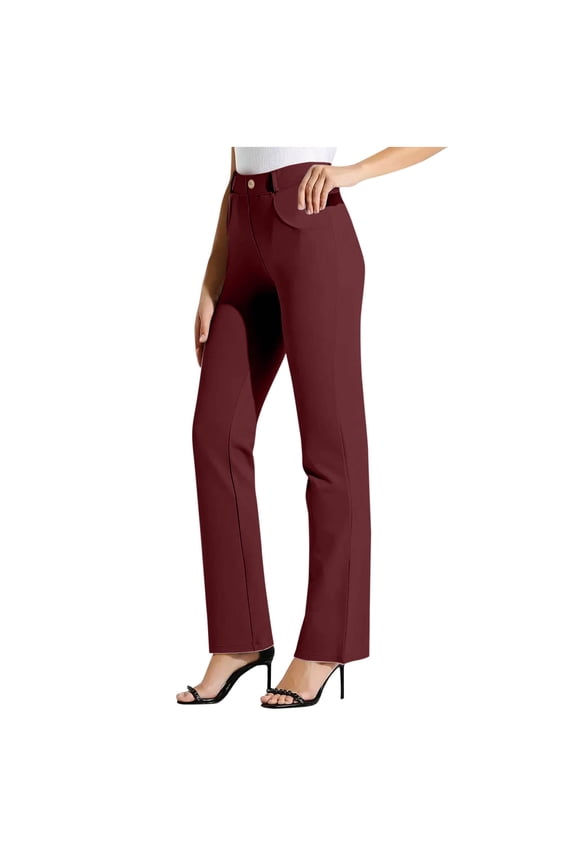 Dress Pants Women Business Casual Petite Work Trousers Button Stretchy Lightweight Pull On Office Slacks with Pockets Red S