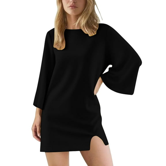 JGGSPWM Dresses for Women Loose Solid Color Casual Long Sleeve Dress Crew Neck Cozy Tshirt Dress Fashion Fall Outfits Black M