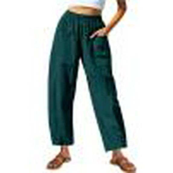 JGGSPWM Elastic Waist Cotton-Linen Pants for Women Summer Going Out Casual Wide Leg Trousers with Side Pockets Green M