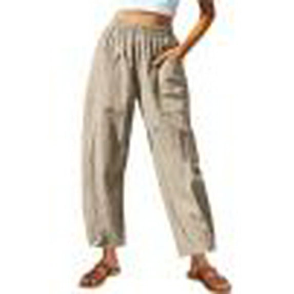 JGGSPWM Elastic Waist Cotton-Linen Pants for Women Summer Going Out Casual Wide Leg Trousers with Side Pockets Khaki M