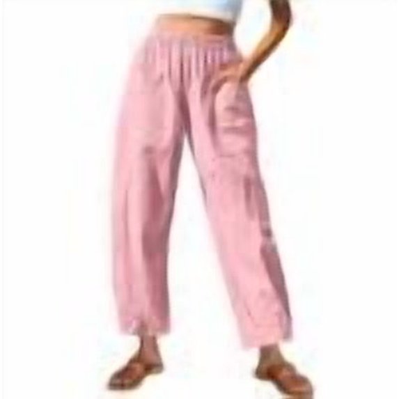 JGGSPWM Elastic Waist Cotton-Linen Pants for Women Summer Going Out Casual Wide Leg Trousers with Side Pockets Pink XL