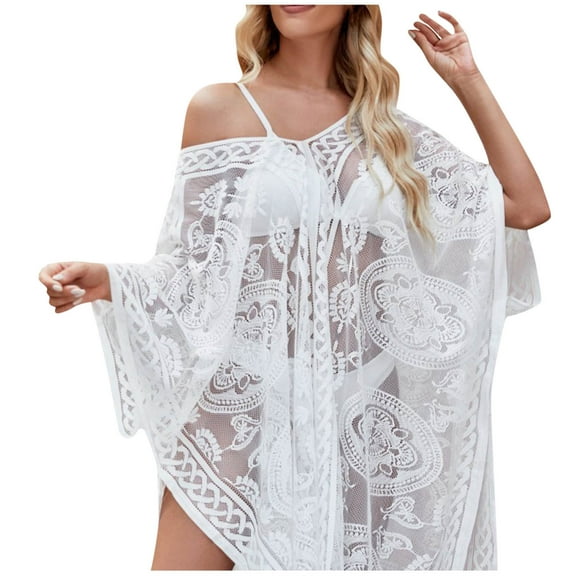 JGGSPWM Elegant Lace Beach Cover Up for Women, Bathing Suit Cover Up, V-Neck Swimsuit Coverup, Pool Swimwear Crochet Dress White Free Size