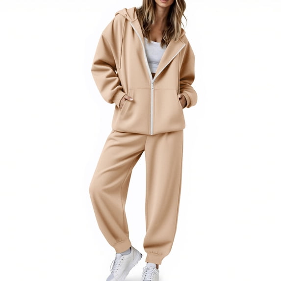 JGGSPWM Fall Outfits for Women Oversized Zip up Hoodie Sweatshirt Jogger Sweatpants 2 Piece Sweatsuits Lounge Sets Beige XXL