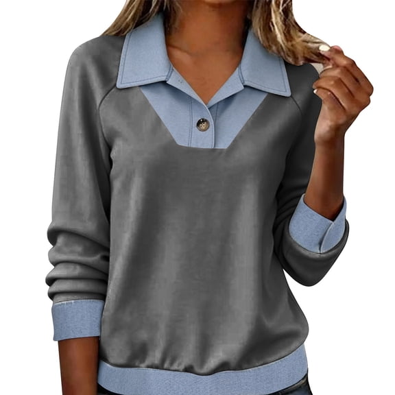 JGGSPWM Fall Spring Tops with Denim Collar for Women Long Sleeve Button Front Pullover Luxury Office Outfits for Women Gray S