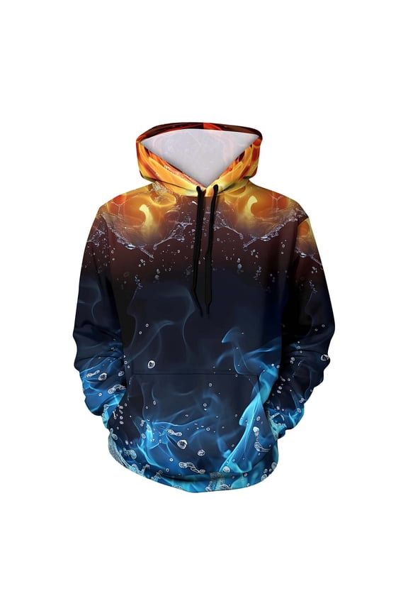 Fall Winter Men and Women Hooded Sweater Flame Printing Pullover Blouse Lightweight Hoodies Sweatshirt with Pocket Blue S