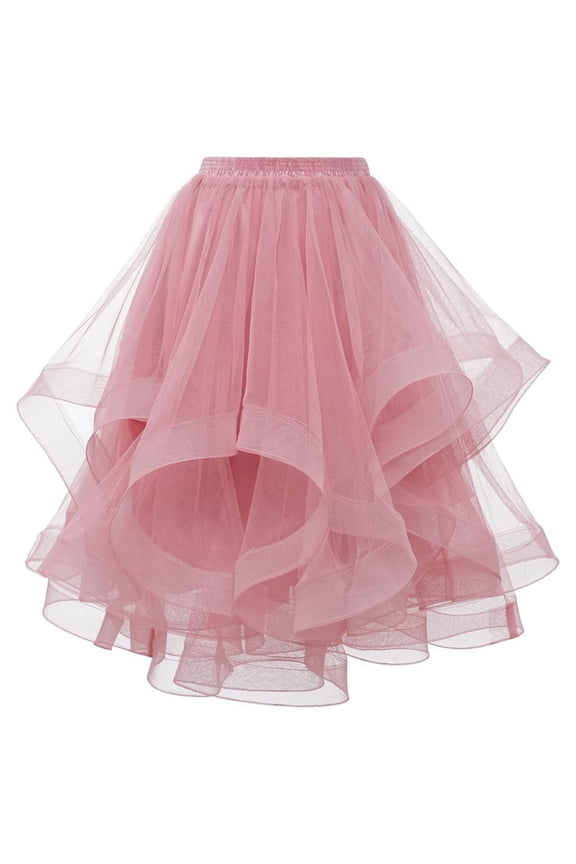 Fashion Tulle Skirts for Women A Line Elastic Waist Tiered Layered Puffy Midi Long Party Tutu Skirt Pink L