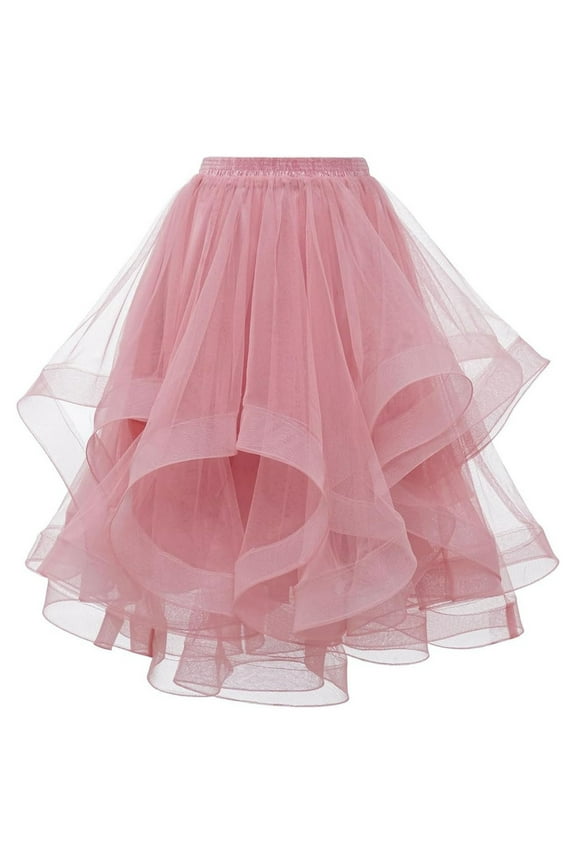 Fashion Tulle Skirts for Women A Line Elastic Waist Tiered Layered Puffy Midi Long Party Tutu Skirt Pink S
