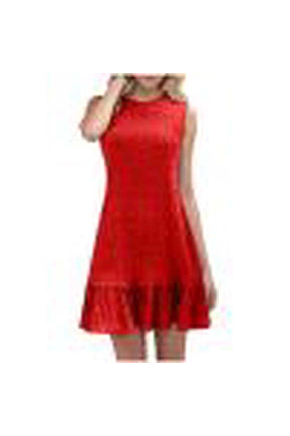 Fashion Women Summer Casual Solid Round Neck Sleeveless Mini Dress with Textured Ruffled Hem Red 2XL