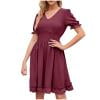 JGGSPWM Fashion Women Summer Casual V Neck Chiffon Short Sleeve Solid Mini Dress with Textured Dots Ruffled Hem Mini Dress Wine 2XL
