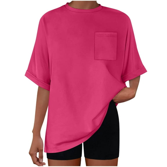 JGGSPWM Fashion Women's Casual Short Sleeve Solid Pocket Round Neck Blouse Loose Breathable Comfortable Tops Pink L
