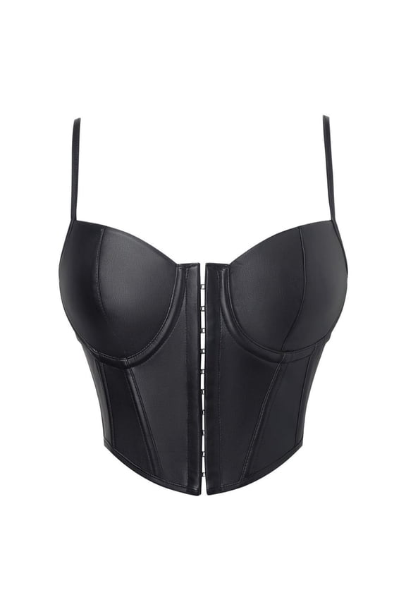 Faux Leather Corset Tops for Women Spaghetti Strap Overbust PU Bustier Going Out Camisole Crop Shapewear Top Black XL