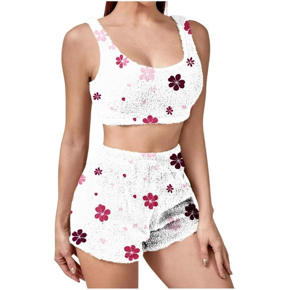 JGGSPWM Flannel Pajama Sets for Women Fashion Printed Fleece Tank Tops Shorts Sleepwear Fashion Comfort Home Pajama Suits White S