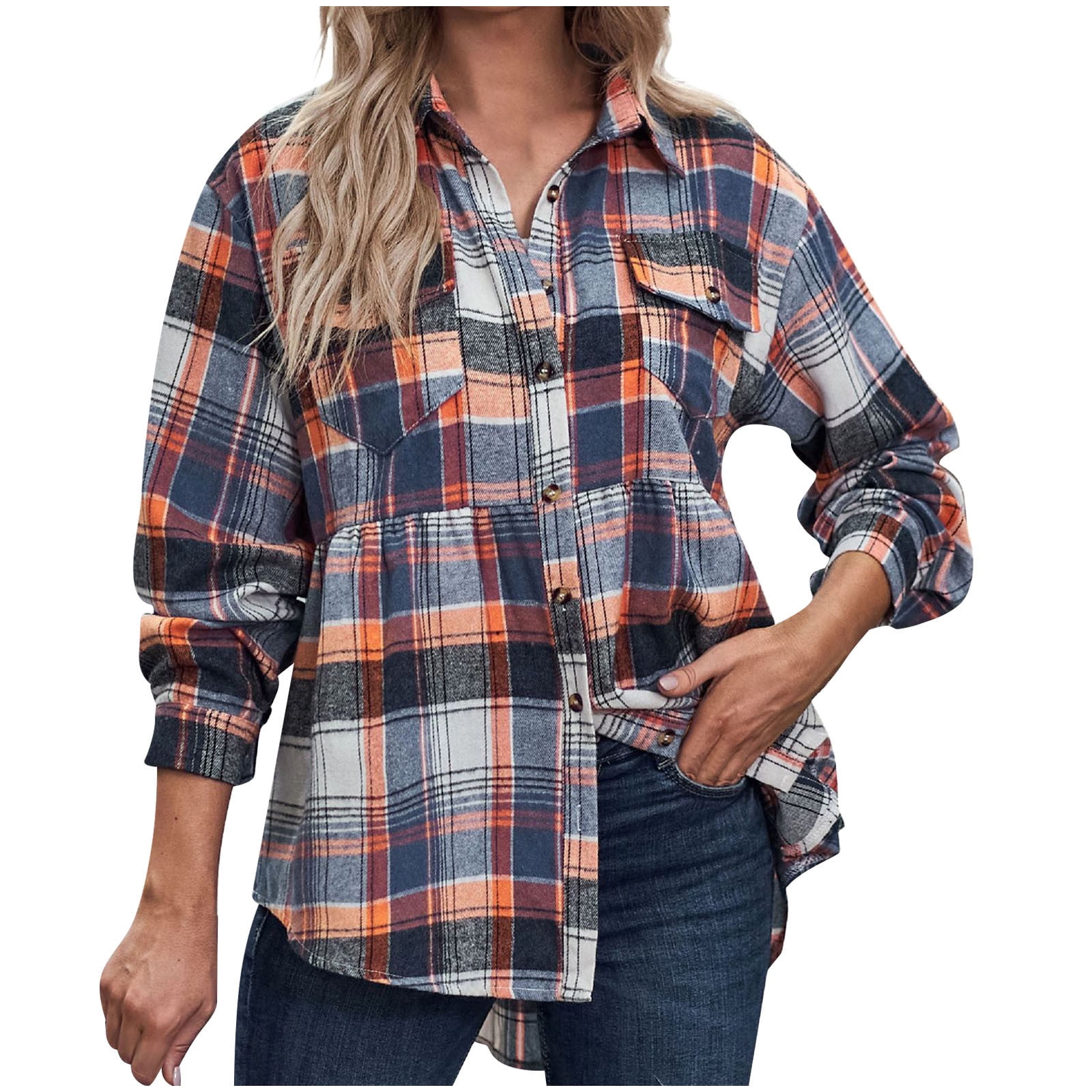 gbyLJF Womens Plaid Mid-Long Cardigan Oversized Lapel Roll Up Long Sleeve Tunic Tops with Pockets Fall Fashion 2023 Clothes