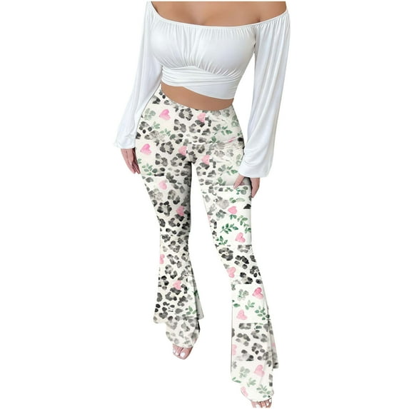 JGGSPWM Flared Yoga Pants for Women Stretchy Elastic High Waisted Leopard Print Leggings Casual Tummy Control Bell Bottom Pants White L