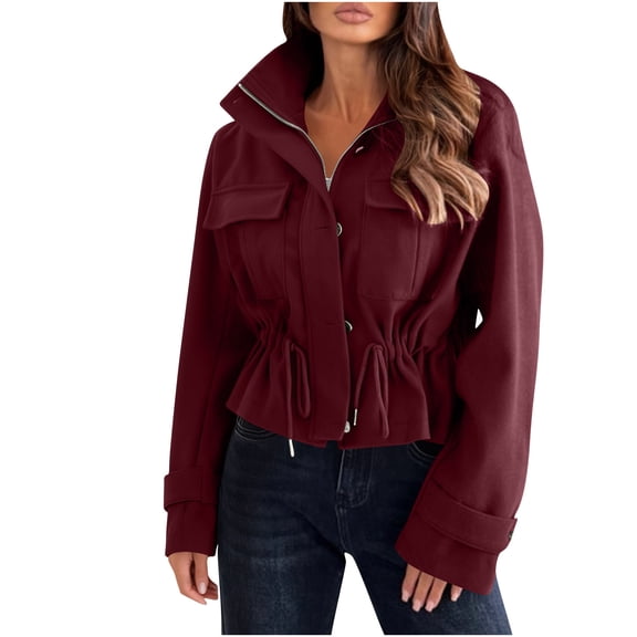 JGGSPWM Fleece Jackets for Women Casual Long Sleeve Drawstring Waist Stand Collar Zip Up Jacket Coats with Pockets Red M