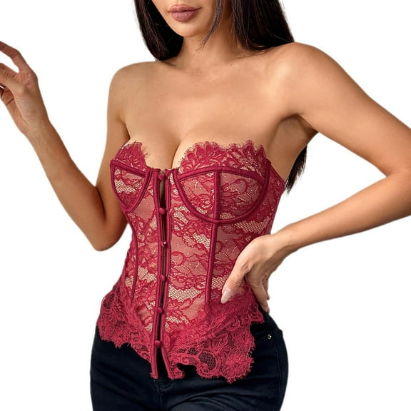 JGGSPWM Floral Lace Corset Tube Tops for Women Fishbone Retro Button Summer Strapless Sleeveless Casual Bandeau Tee Shirts Wine S