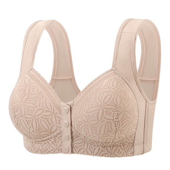 JGGSPWM Full Coverage Bras for Women Lace Floral Front Closure Breathable Bras Plus Size No Underwire Push Up Bra for Seniors Brown 38