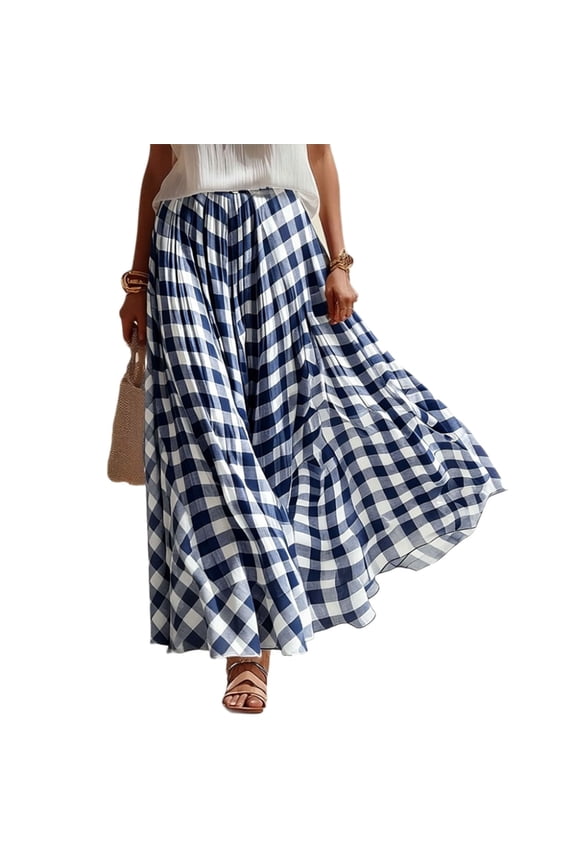 Gingham Maxi Skirts for Women Elegant Elastic Waist A Line Stretch Lined Plaid Skirt Summer Casual Pleated Flowy Long Skirt Blue XL