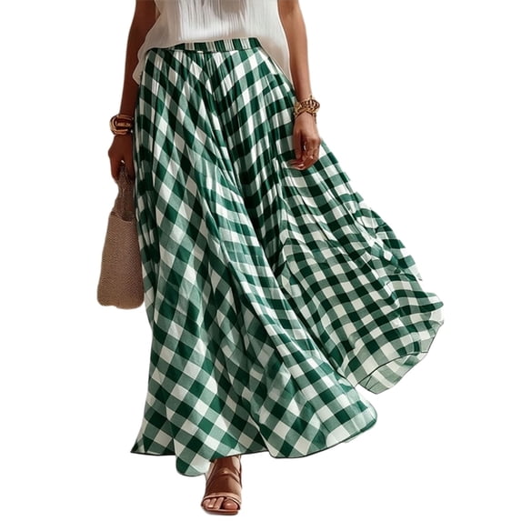 JGGSPWM Gingham Maxi Skirts for Women Elegant Elastic Waist A Line Stretch Lined Plaid Skirt Summer Casual Pleated Flowy Long Skirt Green S