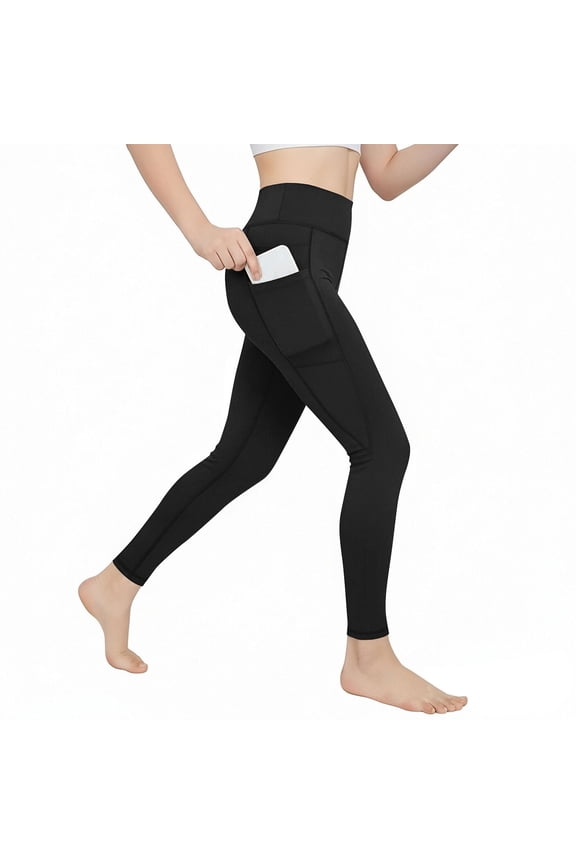 Girls Athletic Leggings with Pockets Kids Soft Stretch High Waisted Dance Workout Running Yoga Pants Black 12 Years