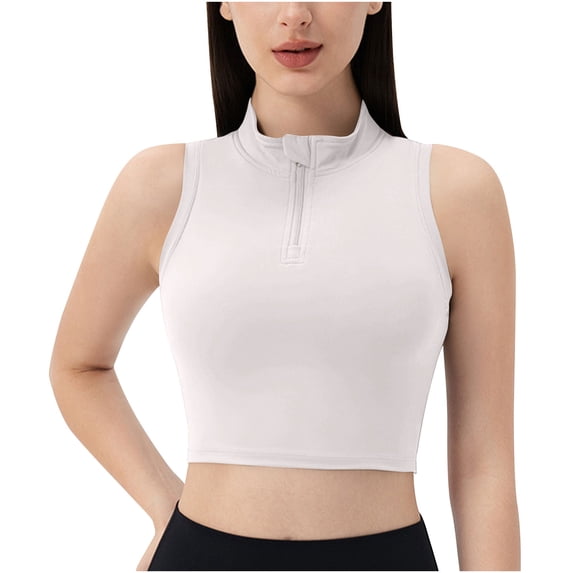 JGGSPWM Half Zipper Workout Tank Tops for Women with Built in Bra, Racerback Workout Tops Sleeveless Crop Tops Gym Yoga Tops Beige L
