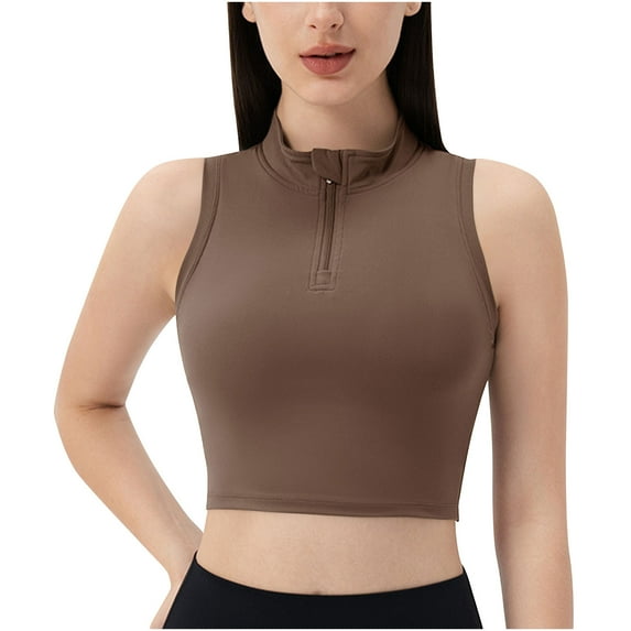 JGGSPWM Half Zipper Workout Tank Tops for Women with Built in Bra, Racerback Workout Tops Sleeveless Crop Tops Gym Yoga Tops Brown S