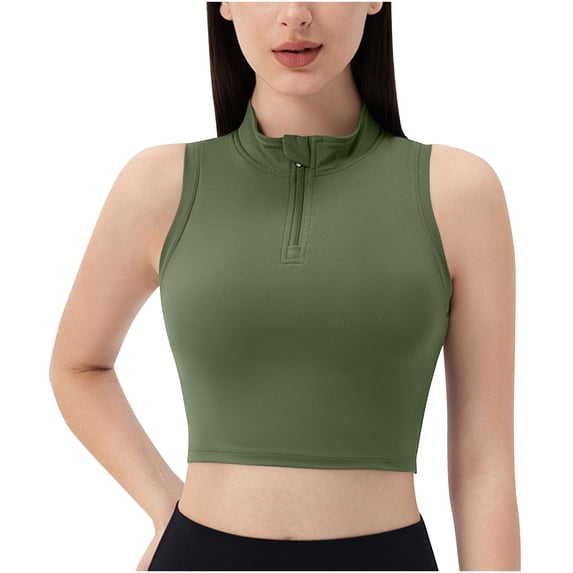 JGGSPWM Half Zipper Workout Tank Tops for Women with Built in Bra, Racerback Workout Tops Sleeveless Crop Tops Gym Yoga Tops Green M
