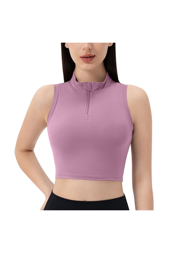 Half Zipper Workout Tank Tops for Women with Built in Bra, Racerback Workout Tops Sleeveless Crop Tops Gym Yoga Tops Purple M