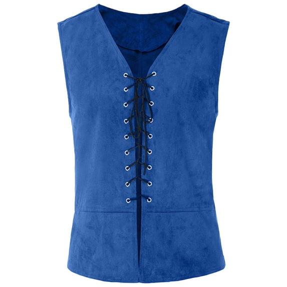 JGGSPWM Halloween Men Vintage Medieval Vest V-Neck Laced Up Renaissance Gothic Sleeveless Waistcoat Blue M