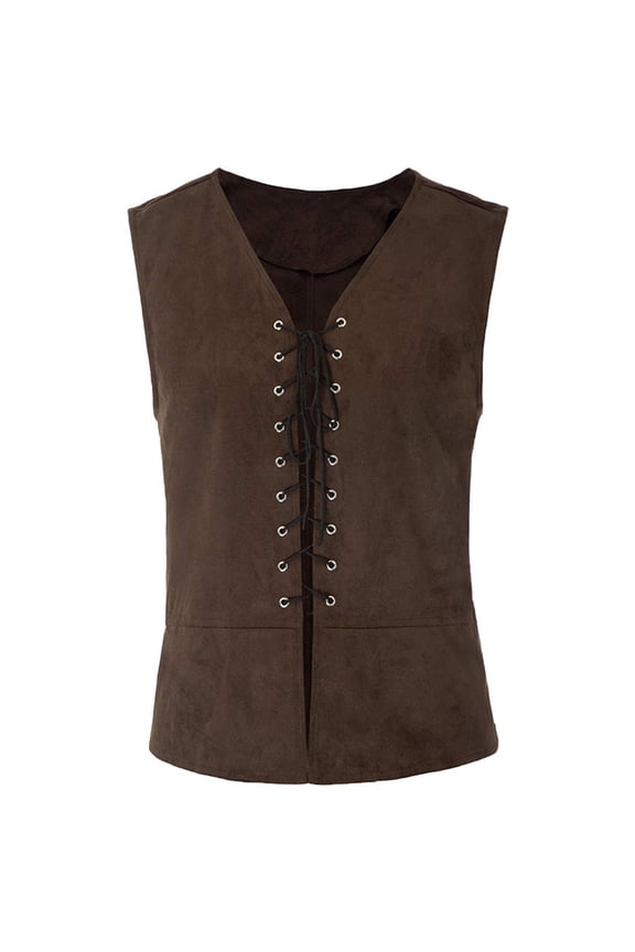 Halloween Men Vintage Medieval Vest V-Neck Laced Up Renaissance Gothic Sleeveless Waistcoat Brown XXL