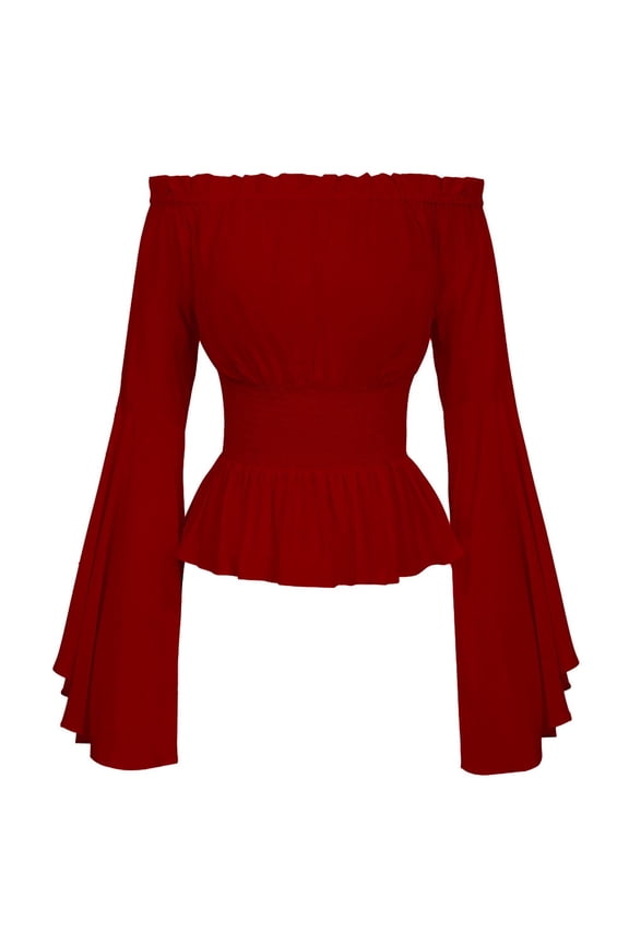 Halloween Womens Renaissance Gothic Blouse Bell Sleeves Ruffle Off Shoulder Boho Corset Top Red L