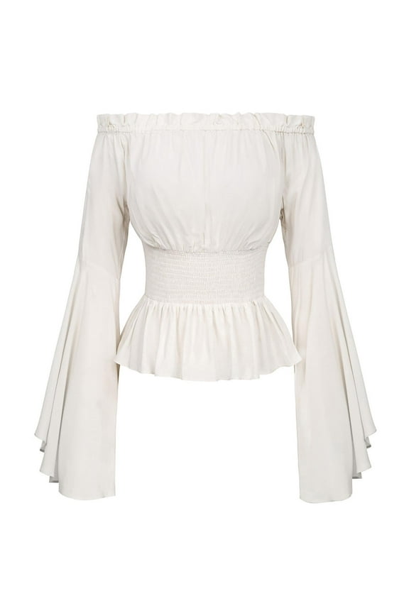 Halloween Womens Renaissance Gothic Blouse Bell Sleeves Ruffle Off Shoulder Boho Corset Top White S