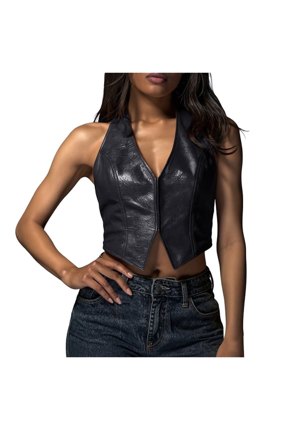 Halter V Neck PU Leather Top for Women Y2k Tie Back Corset Tops Sleeveless Backless Trendy Going Out Crop Tank Top Black S