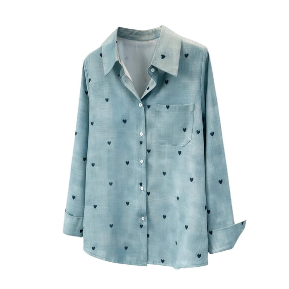 JGGSPWM Heart Print Button Down Shirts for Women Fashion Spring Loose Lapel Collar Long Sleeve Versatile Business Casual Tops Blue XL