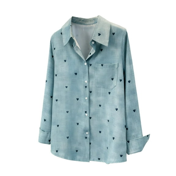 JGGSPWM Heart Print Button Down Shirts for Women Fashion Spring Loose Lapel Collar Long Sleeve Versatile Business Casual Tops Blue XXL