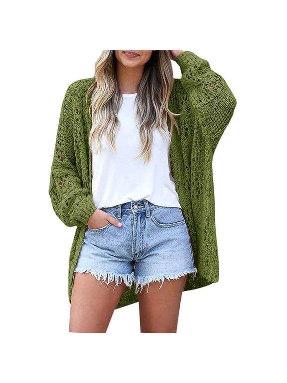 Hollow Crochet Boho Sweaters for Womens Open Front Long Sleeve Pullover Fall Winter Tops Elegant Flattering Jumper Solid Knit Cardigans Sweater Green L