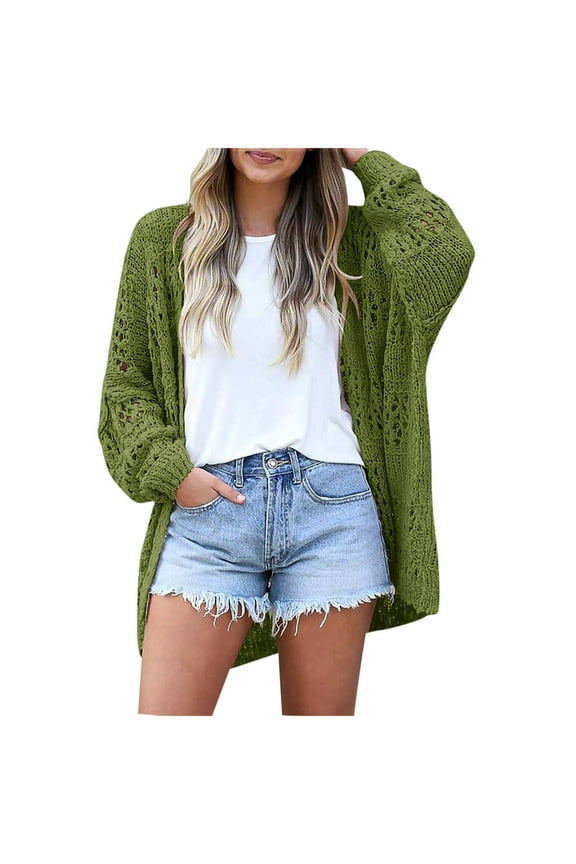 Hollow Crochet Boho Sweaters for Womens Open Front Long Sleeve Pullover Fall Winter Tops Elegant Flattering Jumper Solid Knit Cardigans Sweater Green M