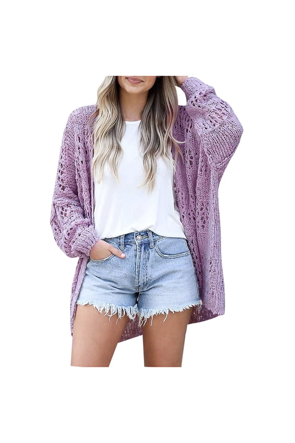 Hollow Crochet Boho Sweaters for Womens Open Front Long Sleeve Pullover Fall Winter Tops Elegant Flattering Jumper Solid Knit Cardigans Sweater Purple XXL