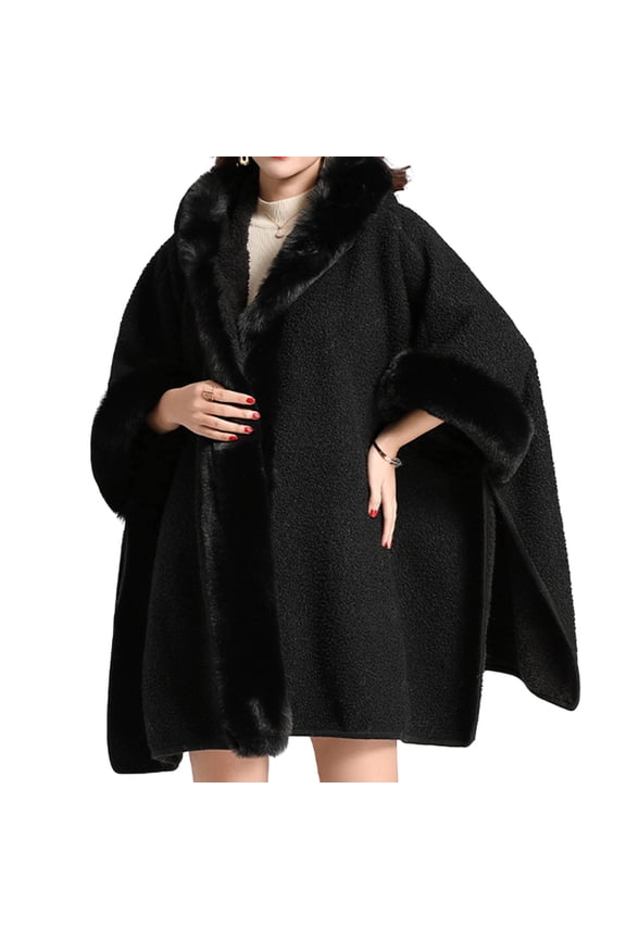 Hooded Cloak Faux Rabbit Furry Cape Coat Women's Solid Color Shawl Plus Size Warm Fringed Jacket Black Free Size
