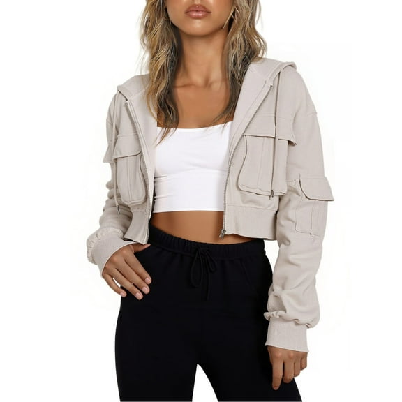 JGGSPWM Hoodies for Women Full Zip Up Cropped Jacket Fall Fashion Long Sleeves with Cargo Pockets Sweatshirts Tops Yellow S