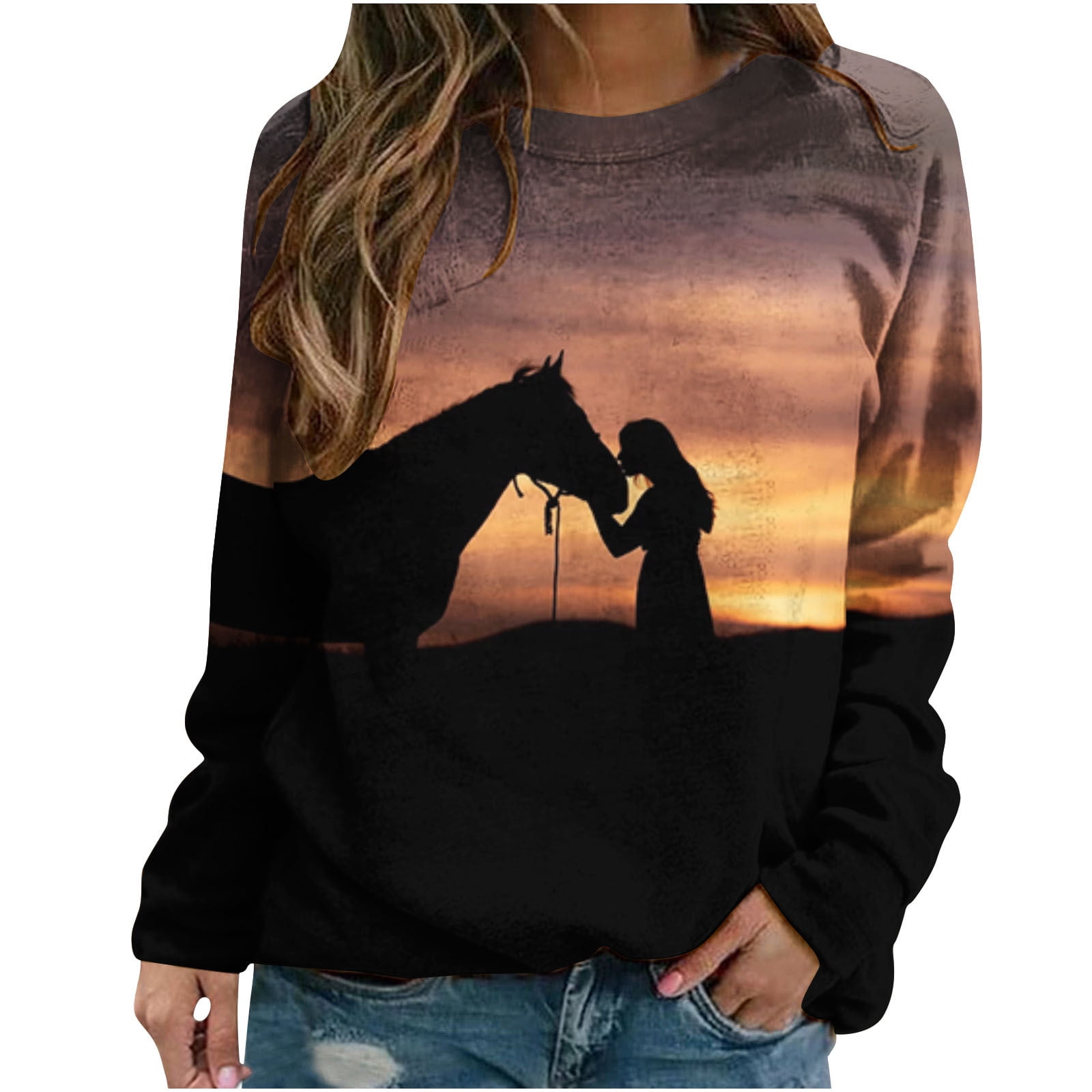 JGGSPWM Horse Shirts for Women Long Sleeve Horseback Riding Horse Lover