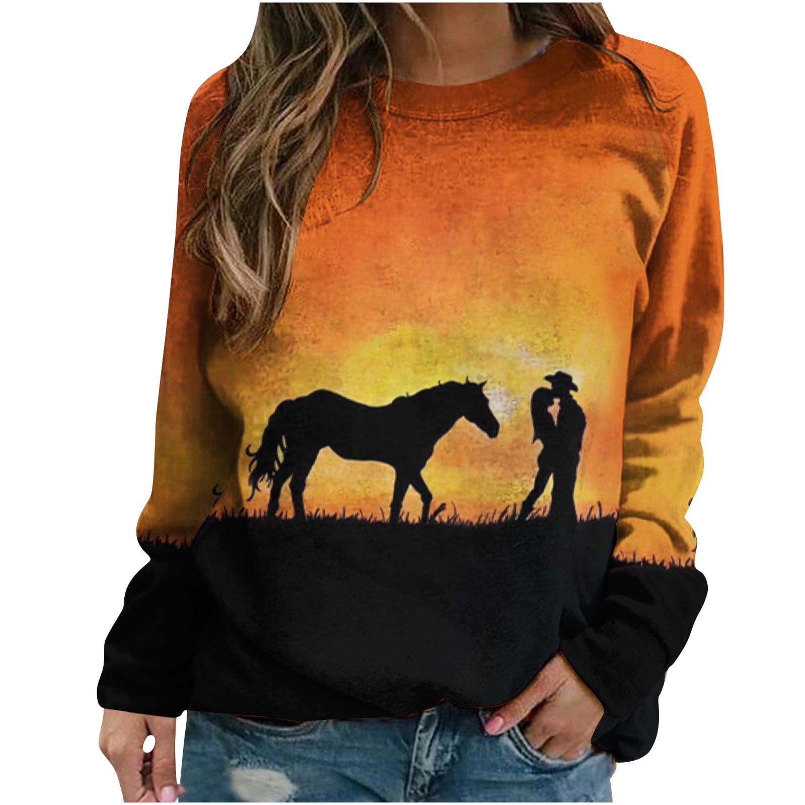 JGGSPWM Horse Shirts for Women Long Sleeve Horseback Riding Horse Lover